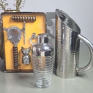 Max Studio Home hammered metal pitcher With Vintage Bar Set And Glass Shaker